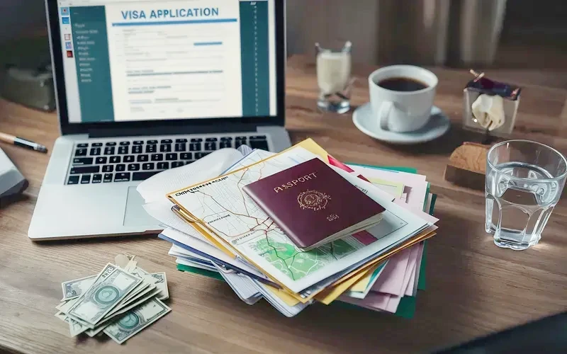Visa application documents and passport on a desk