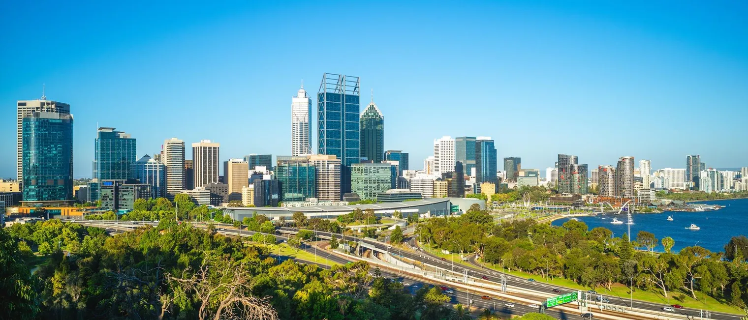 Perth CBD skyline viewed from Kings Park with Swan River and greenery