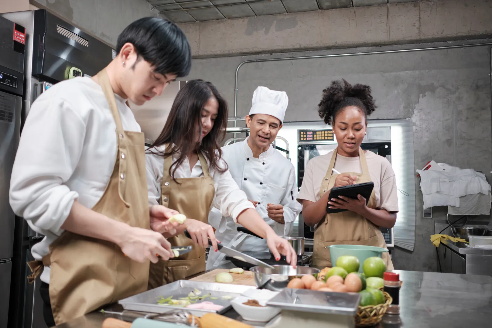 East Asian culinary students learning knife skills from a professional chef in a commercial kitchen