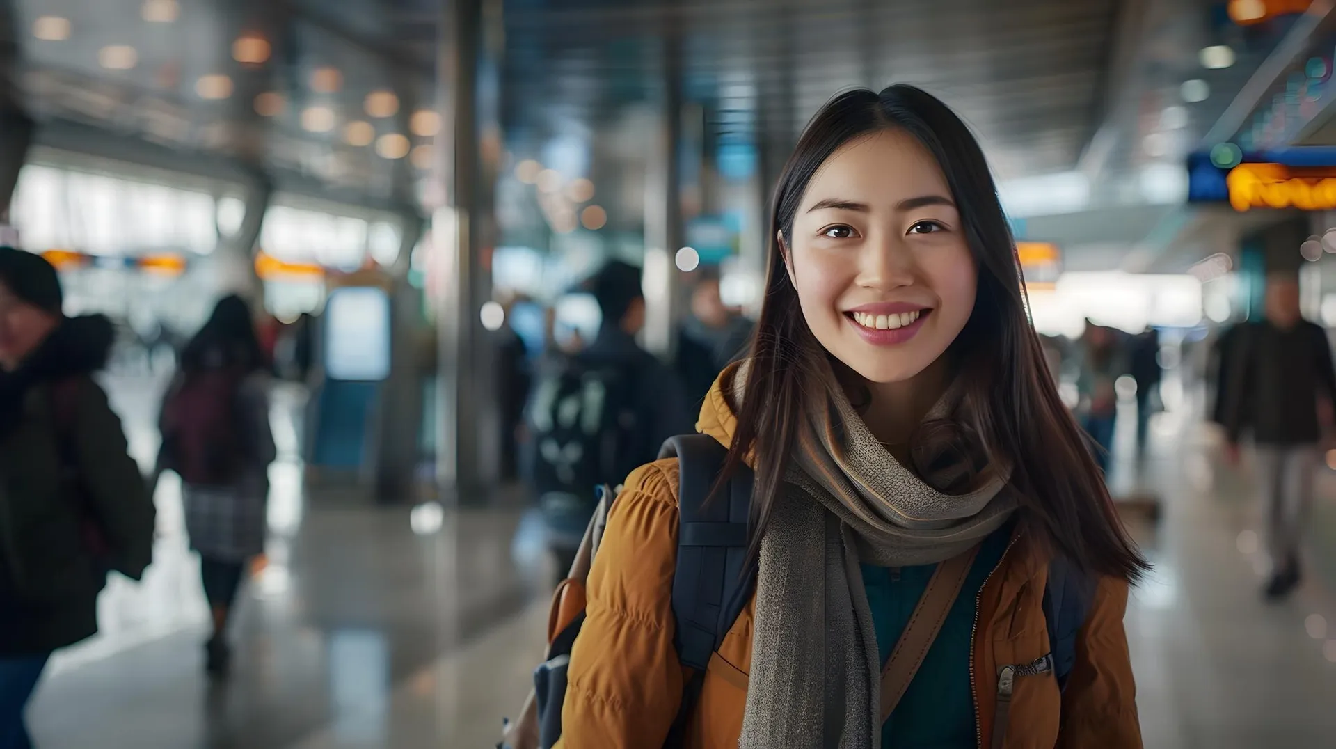 Young East Asian student smiling at airport terminal with luggage