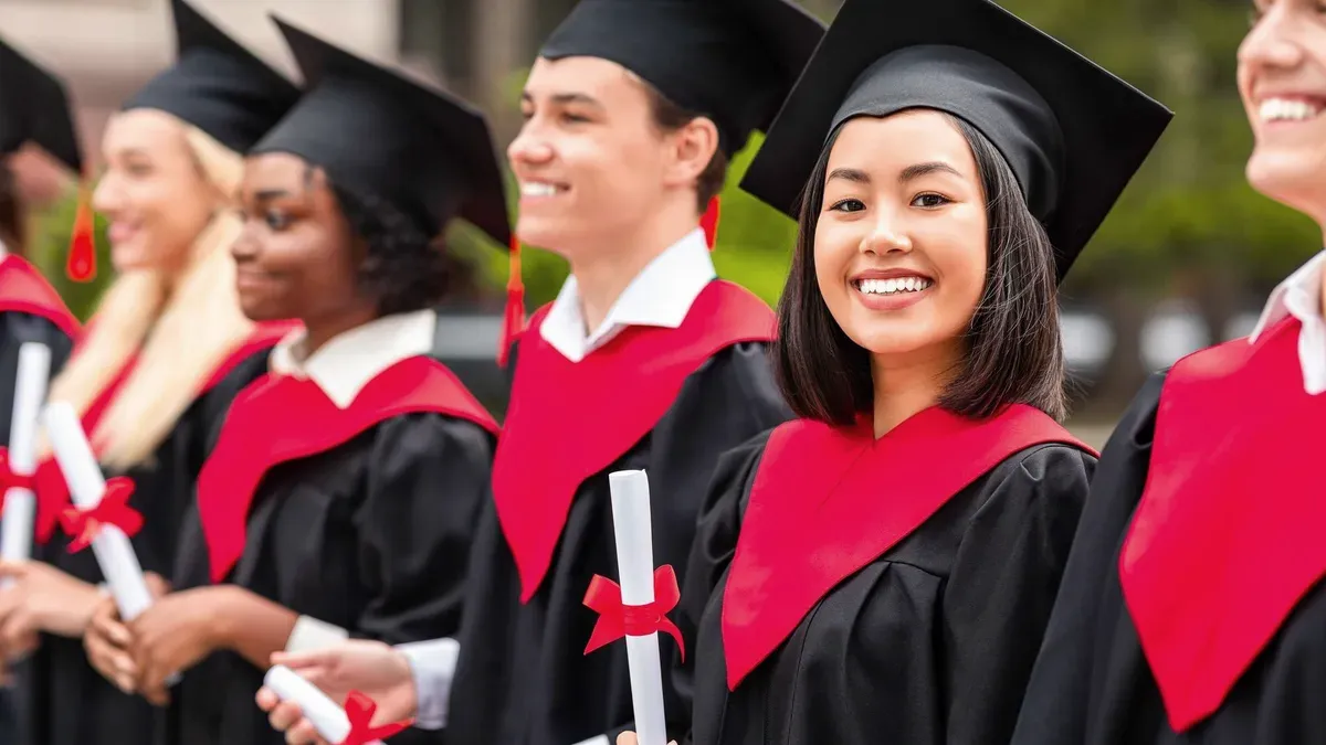 East Asian graduate celebrating with diploma in university library