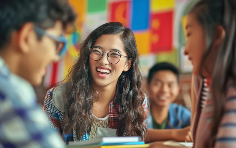 East Asian student laughing with classmates in a language school classroom
