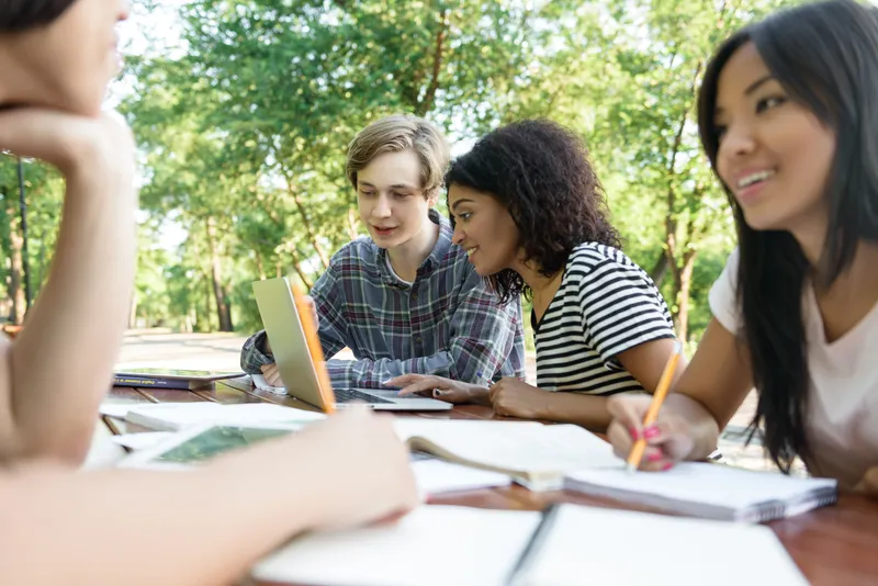 East Asian students studying together on a university campus